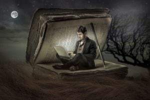 Illustration décorative: un homme écrit sur un ordinateur portable, assis dans un livre géant.