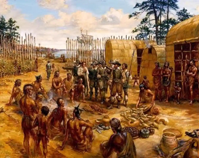 Tableau représentant des colons anglais arrivant dans un village de Powhatans.