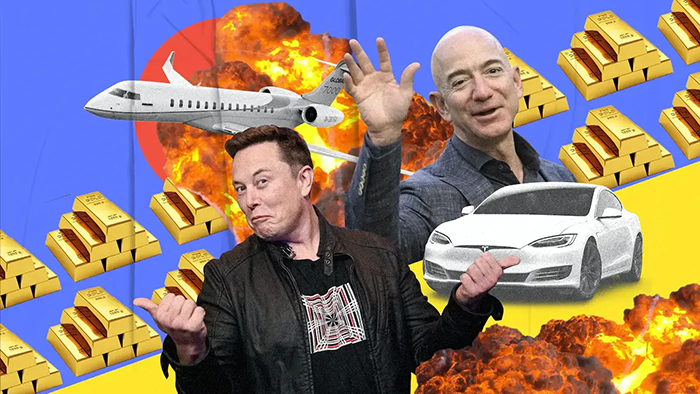 Montage photo avec une photo d'Elon Musk, une de Jeff Bezos, des lingots d'or, un jet privé, une voiture Tesla et une explosion.