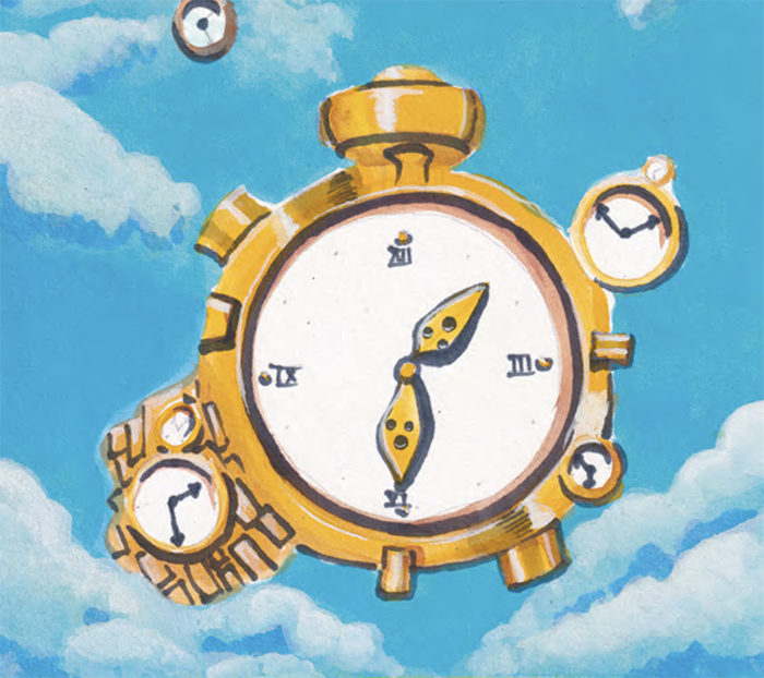Illustration montrant un assemblage de plusieurs horloges flottant dans le ciel.