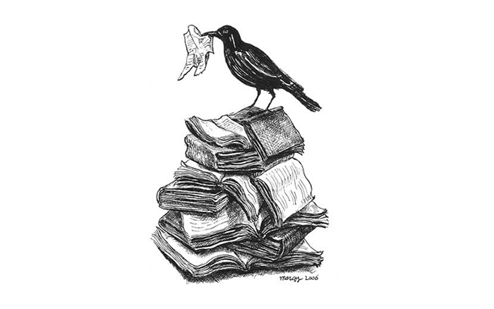 Illustration d'une corneille se tenant sur une pile de livres, un bout de papier dans son bec.