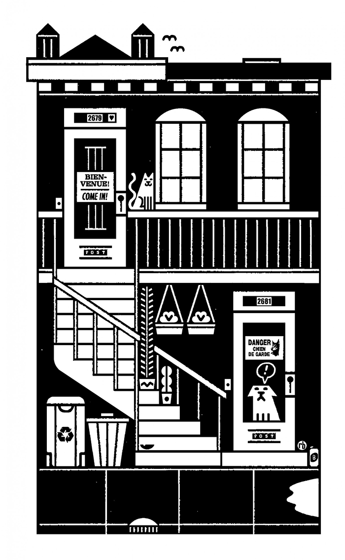 Illustration montrant un édifice à deux appartements. Au rez-de-chaussée, un chien devant la porte et un pancarte «Danger! Chien de garde». À l'étage, un chat sur la balustrade et une pancarte «Bienvenue! Come in».