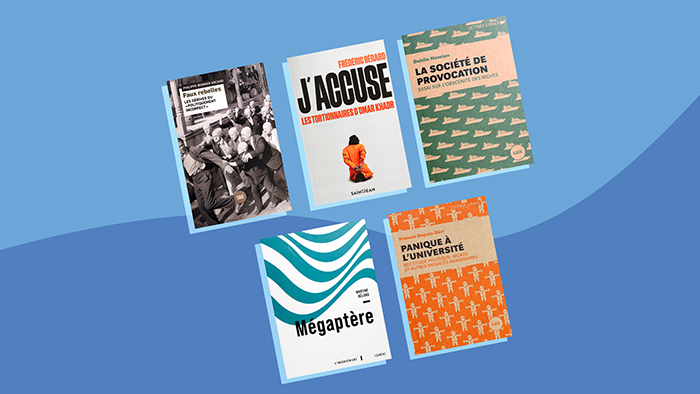 La couverture des cinq essais en lice pour le Prix littéraires du Gouverneur général 2023.