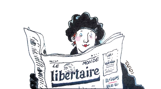 Dessin d'une femme lisant Le Monde libertaire.