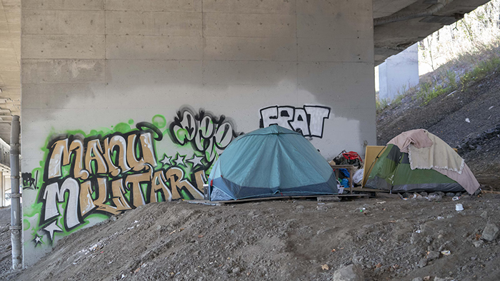 Photo d'un campement de sans-abris sous un viaduc.
