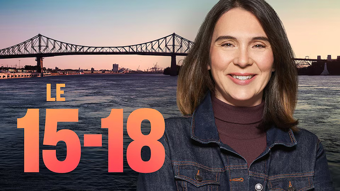 Montage photo avec le pont Jacques-Cartier, un portrait d'Annie Desrochers et les mots «Le 15-18».