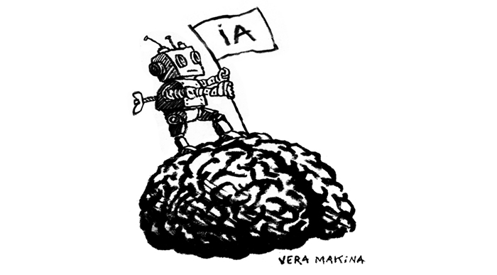 Caricature d'un robot plantant un drapeau avec les lettres «IA» sur un cerveau humain.