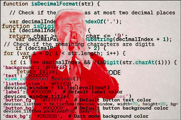 Photo de Trump superposée à des images de texte de codes de programmation informatique.