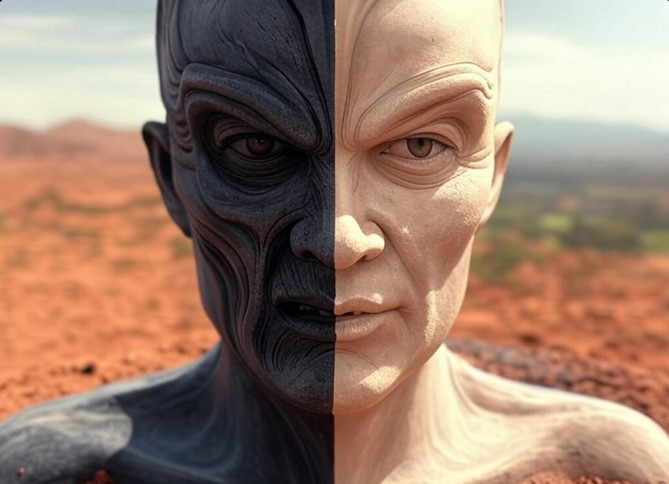 Image d'un monstre avec un visage à moitié noir et à moitié blanc.