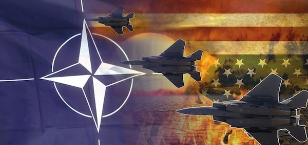 Montage graphique avec le drapeau de l'OTAN, le drapeau des États-Unis et une photo d'avions de chasse.
