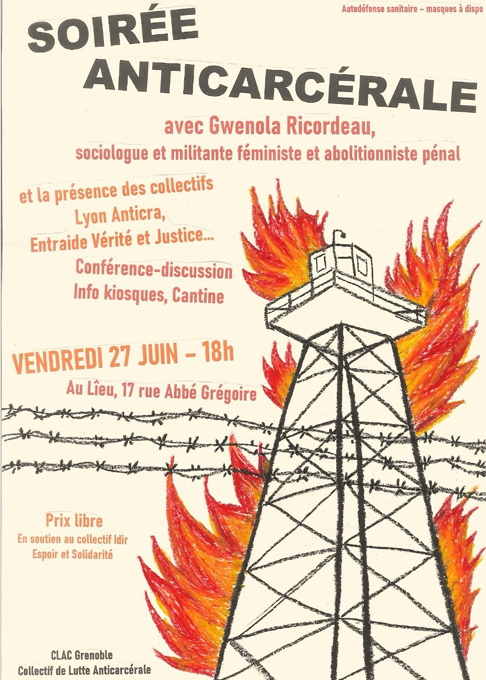 Affiche pour la soirée anticarcérale du 27 juin 2025.