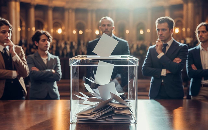 Photo de gens regroupés et regardant une urne remplie de bulletins de vote.