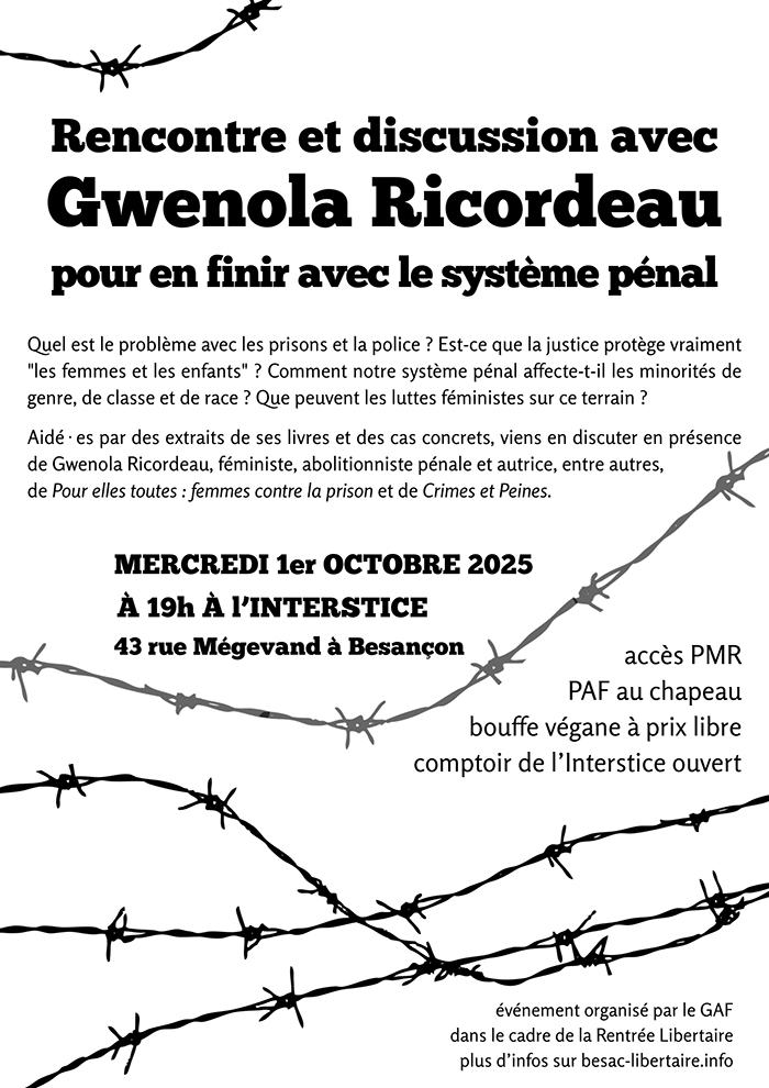 Affiche de la rencontre avec Gwenola Ricordeau du 1er octobre 2025.