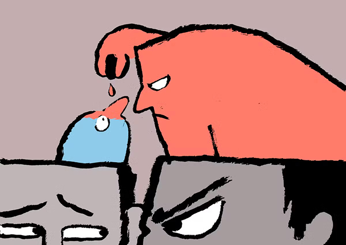 Illustration montrant un cerveau anthropomorphisé rouge avec un air colérique sortant d'un crâne et intimidant un autre cerveau bleu, plus petit avec un air effrayé.