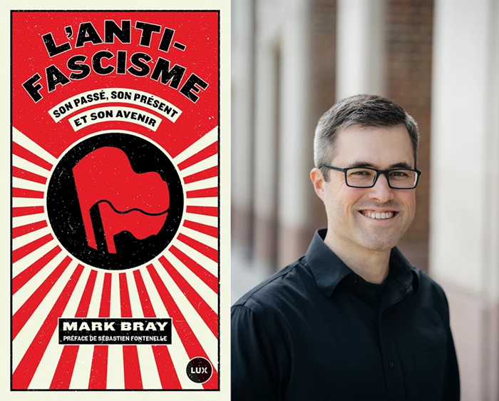 Portrait photo de Mark Bray et page couverture de son livre «L'antifascisme».