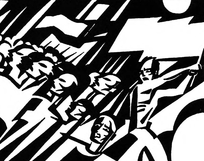 Détail d'une illustration montrant une foule brandissant des drapeaux non identifiés.