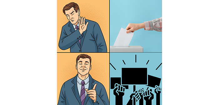 Illustration reprenant un meme. Face à un bulletin de vote dans une urne, un visage de dégout. Face à des pancartes et des poings levés, un sourire de satisfaction.