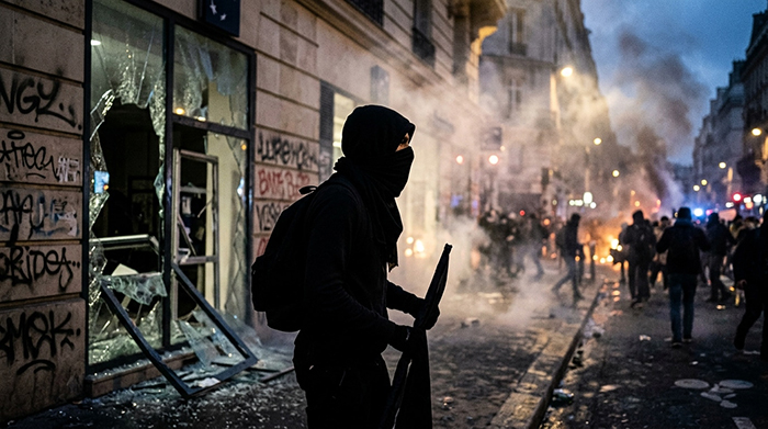 Photo d'un homme vêtu de noir et portant un masque noir au milieu d'une manifestation.